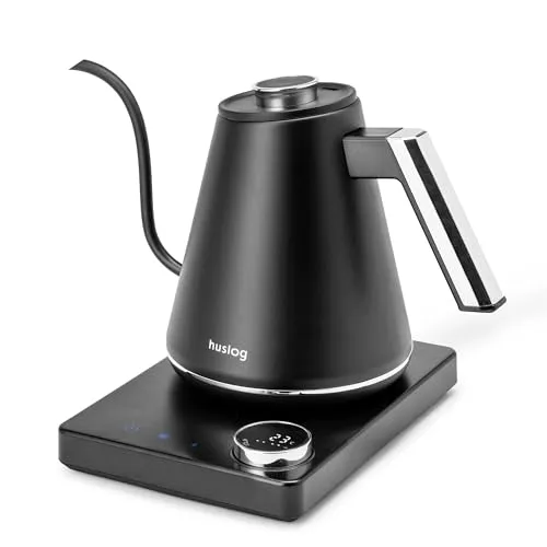 Produktbild huslog Elektrischer Wasserkocher 1L mit Temperaturregelung 40–100°C, Schwanenhals, LED-Display, Warmhaltefunktion, 1100W, Edelstahl 304, Schwarz-Silber, Basis mit Kabelaufwicklung