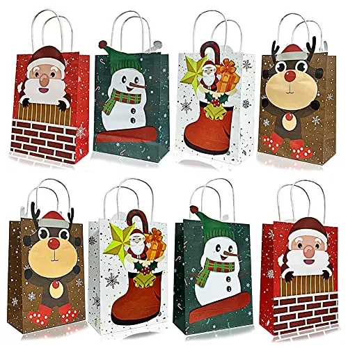 OEMG Geschenktaschen Weihnachten Papiertaschen 16 Stück Geschenktüten Kraftpapier Tüten mit Griffen, Geschenkverpackung Geschenksackerl Klein Weihnachtstragetasche, 22x16x8 cm