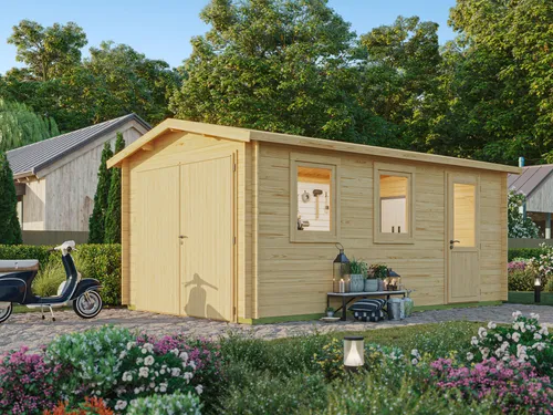 Fjordholz Holzgarage Modell Kim 28 - Massive Holzgarage aus nordischer Fichte mit 28mm Wandstärke und extra starkem Dach. Ideal für alle Wetterbedingungen. In verschiedenen Größen und Farben erhältlich. Hochwertige Verarbeitung für langlebigen Einsatz.