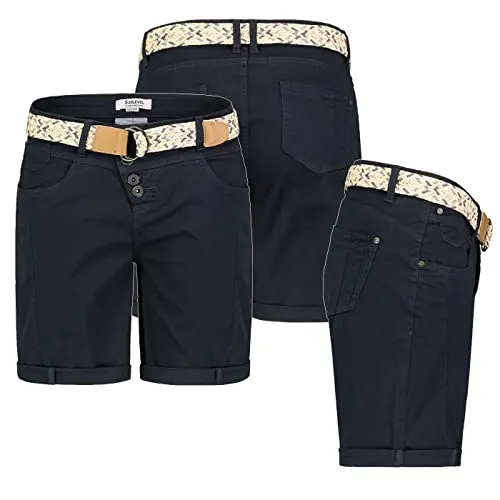 Sublevel Damen Short Bermuda Kurze Hose Sommer Chino Stoff Sommer mit Gürtel, Hosengröße:XS / 34, Farbe:Navy