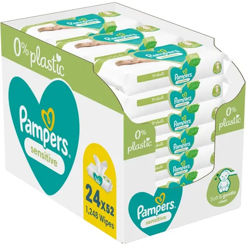Pampers Sensitive Plastic Free Feuchttücher für Kinder - Babypflege: 24x52 St. hypoallergene Feuchttücher, die die empfindliche Babyhaut sanft reinigen und beruhigen, ideal für allergische Haut.