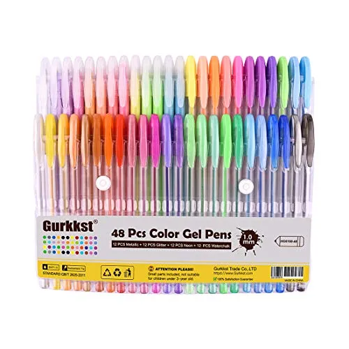 Gurkkst 48 Stück Glitzer Gelschreiber Gelstifte Multicolor Gel Stift Set Zeichnen und Schreiben(12 Metallic + 12 Glitzer + 12 Neon + 12 WaterChalk)