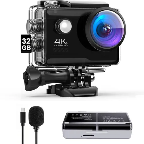 Action Cam HD 4K 20MP WiFi mit externem Mikrofon Unterwasserkamera 40M 170 ° Weitwinkel 32GB