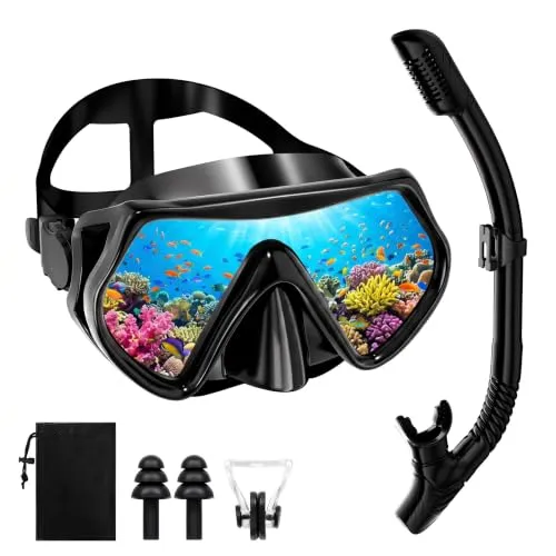 Schnorchelset Erwachsene mit Dry Top Schnorchel, 180° Panoramablick | Gehärtetes Glas, Anti-Beschlag, weiche Silikondichtung, für Pool Strand Schwimmen Schnorcheln Strandurlaub & Wassersport