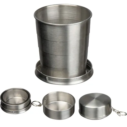 Faltbarer Edelstahltrinkbecher 250 ml – für unterwegs - Faltbarer Edelstahltrinkbecher mit 250 ml Fassungsvermögen. Ideal für Outdooraktivitäten, platzsparend und leicht zu reinigen. Integrierte Metalldose mit Karabiner für einfache Befestigung am Rucksack.