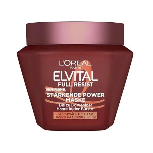 L'Oréal Paris Elvital Full Resist Stärkende Power Maske, Neue Formel, Haarmaske mit Aminexil und Biotin, reduziert Haarverlust durch Haarbruch, stärkt das Haar, Haarkur für mehr Glanz & Kraft, 1x300ml