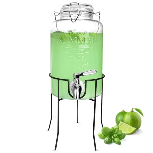 Sendez 3L Getränkespender mit Edelstahl Zapfhahn - Eisgetränkeautomaten mit 3L Fassungsvermögen, ideal für Partys und Veranstaltungen. Der luftdichte Glasdeckel hält Getränke frisch, während der robuste Zapfhahn eine präzise Ausgabe ermöglicht.