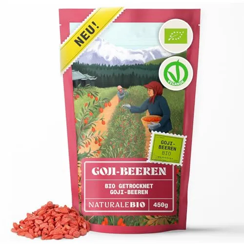 NaturaleBio Goji-Beeren 450 g. Traditionelle chinesische Trockenfrucht. Vegan, reich an Ballaststoffen. Bio-Snack, gentechnikfrei und glutenfrei.