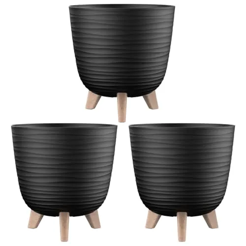 Engelland - 3 x Blumentopf mit Füßen & Bewässerungssystem, Schwarz, Ø 20 cm, Pflanzkübel, Übertopf, Wellenmuster, Innen- & Außenbereich, Drainagesystem & Wasserspeicher, rund, Kunststoff