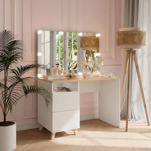 Vicco Schminktisch Karen, Weiß/Artisan mit LED-Beleuchtung in silber von Vicco