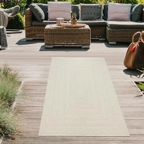 Teppich-Traum Teppich In- und Outdoorteppich Flurläufer Terrasse Balkon Garten Linienmuster in rechteckiger Form Jute-Look Creme, 60 x 180 cm