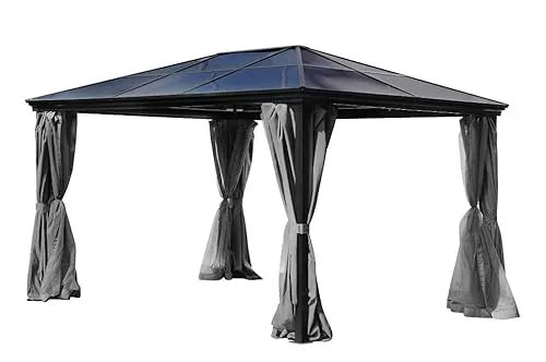 Jet-Line® Alu Pavillon 3 x 4 m - Stabil und Winterfest - Pavillon mit festem Polycarbonat-Dach für ganzjährigen Einsatz, UV-Schutz 50+, inklusive Vorhänge und Moskitonetz, ideal für Garten und Terrasse.