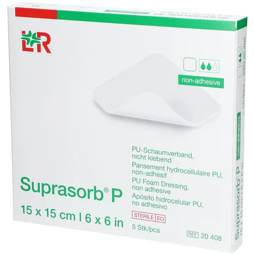 Suprasorb® P PU-Schaumverband, steril, nicht klebend - 5 Stück - Arzneimittel, fördert die Wundheilung durch zuverlässiges Exsudatmanagement und verhindert ein Verkleben mit der Wunde dank perforierter Wundkontaktschicht.