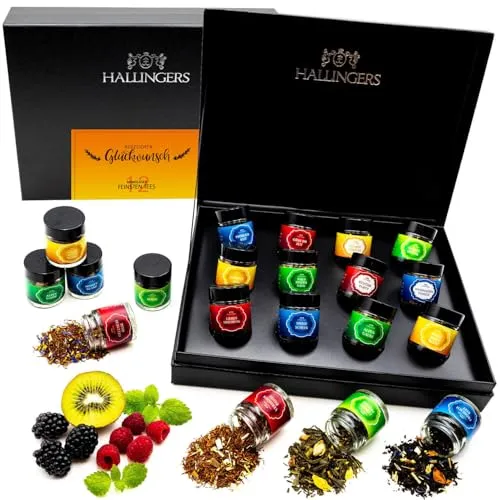 Hallingers 12 Sorten Tee Geschenkset zum Gratulieren, vegan & glutenfrei in Schraubgläsern - Made in Germany