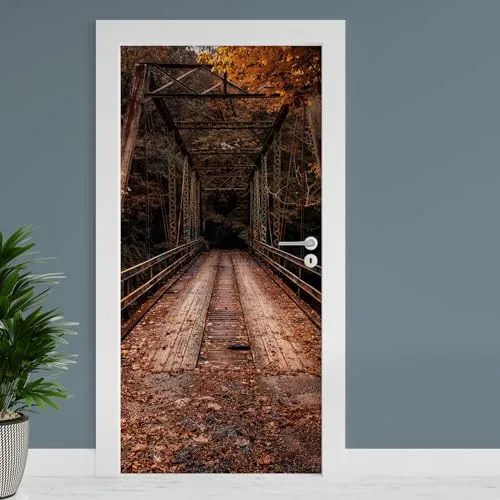 Finest Folia Türfolie 90x200 cm Türtapete Türposter Folie für Tür Wohnzimmer Kinderzimmer Küche Türaufkleber Bad Aufkleber selbstklebend TF01 (39 Herbstbrücke)
