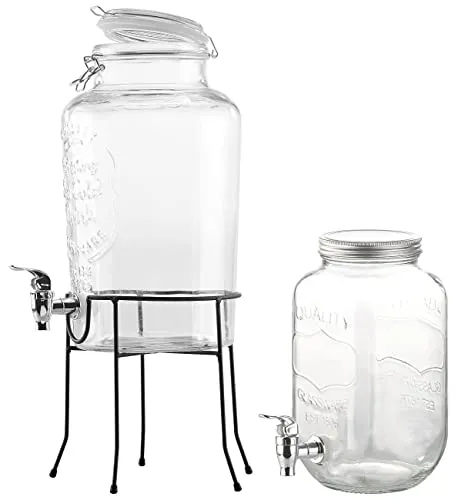 PEARL Saftspender mit Zapfhahn: 2er-Set Retro Getränkespender aus Glas mit Zapfhahn, 3,5 l & 6,5 l (5 Liter Glas mit, Getränkespender mit Ständer, Wasserkanister)