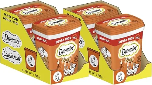 DREAMIES™ Mega Box mit Huhn 2 x 2 x 350g - Leckere Katzensnacks mit zweifacher Textur für verwöhnte Katzen. Außen kross, innen cremig – ideal für besondere Genussmomente. Ohne künstliche Aromastoffe, mit Vitaminen und Mineralstoffen.