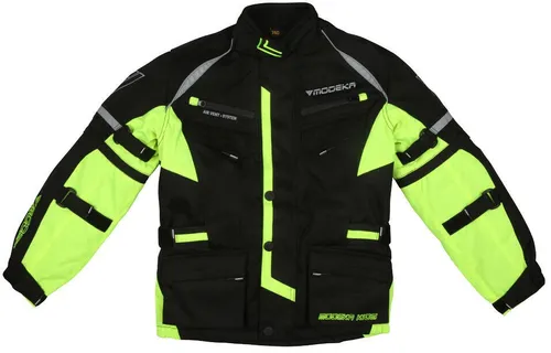 Modeka Tourex II Motorradjacke für Kids - Hochwertige Textiljacke in schwarz/gelb, atmungsaktiv und winddicht, ideal für junge Motorradfahrer auf Abenteuerfahrten.