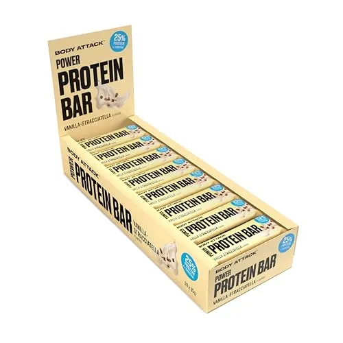 Body Attack Proteinriegel - Vanilla-Stracciatella, 24 x 35 g - Proteinriegel mit 25% hochwertigem Milcheiweiß, ideal für Muskelaufbau und unterwegs. Kalorienarm mit nur 140 kcal, perfekt für Fitness-Sportler und Figurbewusste!