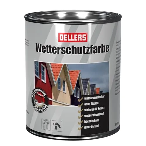OELLERS Wetterschutzfarbe wasserbassierter Holzlack, 1L, RAL 3003 Rubinrot, farbige Holzbeschichtung, 3in1 Grundierung + Deckanstrich + UV-Schutz für Innen und Außen, auch für Metall geeignet
