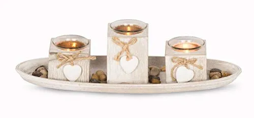 4er Windlicht Set Holztablett B x H x T: ca. 39x3x14cm Weiß Grau Shabby Chic Landhausstil Vintage Deko Teelichtset