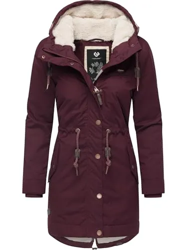 Ragwear Damen langer Mantel YM-Canny Wine Red 3XL - Stylischer gefütterter Damen Mantel mit Kapuze und warmem Teddyfell-Innenfutter. Perfekt für kalte Tage, wind- und wasserabweisend. Ideal für Stadtbummel oder Outdoor-Aktivitäten.
