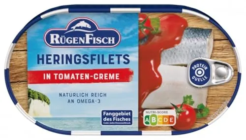 Rügenfisch Heringsfilet in Tomaten Creme, 200g - Fertiggericht mit MSC-zertifizierten Heringsfilets, gluten- und laktosefrei, in einer köstlichen Tomatencreme für gesunde und schnelle Mahlzeiten.