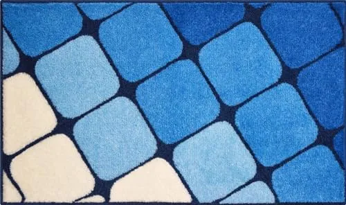 Grund Badteppich Shanga, Blau, 60x100 cm - Stilvoller Badteppich in Blau mit Karo-Design, rutschfest und für Fußbodenheizung geeignet. Ideal für ein modernes Badezimmer. Oeko-Tex® zertifiziert und Made in Europe.