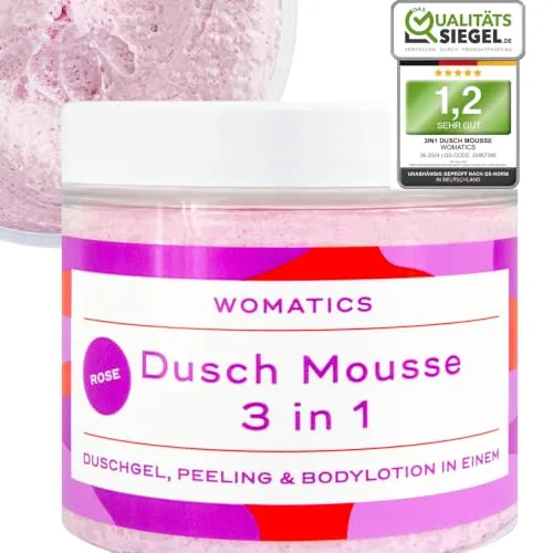 Womatics 3-in-1 Dusch Mousse – Duschgel, Peeling & Bodylotion in Einem, Sanftes Zuckerpeeling, vegan & frei von bedenklichen Inhaltsstoffen (Sorte: Rose)