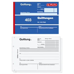 herlitz Quittung mit MwSt. separat ausgewiesen Formularbuch 403 - Formularbuch für Quittungen: Mikroperforierte Blätter, ideal für schnelle Verkaufsbestätigungen. Made in Germany, chlorfrei und holzfrei.