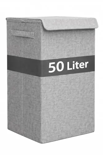 DuneDesign 50L Wäschekorb mit Deckel - Wäscheboxen - Stabiler Holzrahmen und faltbar, ideal für Schmutzwäsche im Schlafzimmer oder Bad, mit praktischem Klettverschluss und platzsparenden Maßen von 30x30x60 cm.