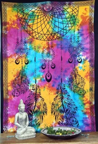 GURU SHOP Boho-Style Wandbehang, Indische Tagesdecke - Chakra Traumfänger/Regenbogen, Baumwolle, 190x140x0 cm