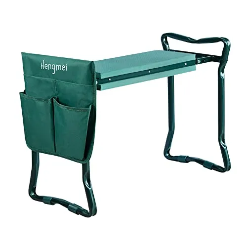 LILIIN Kniebank Gartenhocker Klappbar Kniekissen Garten Gartenhocker Gartenarbeit mit Eva-Schaumkissen, Garten Arbeitshocker Knieschutz Sitzbank Gartensitz bis 150 kg mit Werkzeugtasche, Dunkelgrün