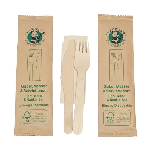 daybays 100 Stk. Holzbesteck Set mit Servietten als Einzel Verpackt Einweg Holzgabeln Holzmesser Besteck Set Holzgabel Einwegbesteck aus Holz Gabel Messer Wooden Forks Knife (100)