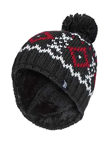 HEAT HOLDERS - Herren Winter Warm Fleece Mütze/Beanie mit Bommel (One Size, Charcoal/Red)
