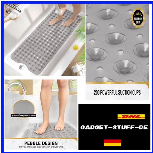 Rutschfest Badematte | Extra Lang 101x40cm | Grau BPA-Frei in grau von Details In Description