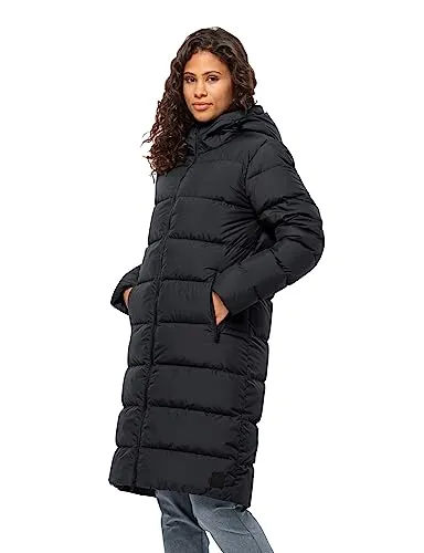Jack Wolfskin FROZEN PALACE COAT W - Damen Daunenmantel Schwarz M - Daunenjacke für Damen, winddicht und wasserabweisend, aus nachhaltigem TEXASHIELD Material. Ideal für kalte Tage mit anpassbarer Kapuze und warmen Taschen.