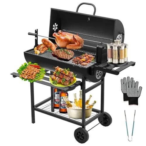TEENO Holzkohlegrill, mit XXL-Grillrost, Verbrennungsschutzhandschuhen, Thermometer, Ascheschublade, verstellbarem Lüfter, Großer Holzkohlegrill (Upgraded (mit Hähnchengrill))