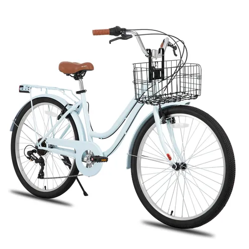 Hiland 26 Zoll 7-Gang Stadtfahrrad für Männer und Frauen - Komfortables Cityrad im Cruiser-Stil mit niedrigem Durchstieg, ideal für entspannte Fahrten in der Stadt. Ausgestattet mit Gepäckträger und Korb für praktischen Transport.