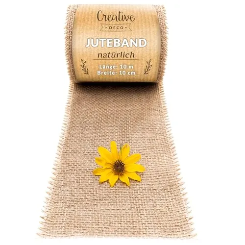 Creative Deco Juteband Jute Runner | Rolle 10 cm x 10 m | Wickelstreifen | Tischläufer Hochzeitsdeko Dekoration | Breit Naturbrauner Stoff | Jutestoff Tischband | Dekorativer Boho Band