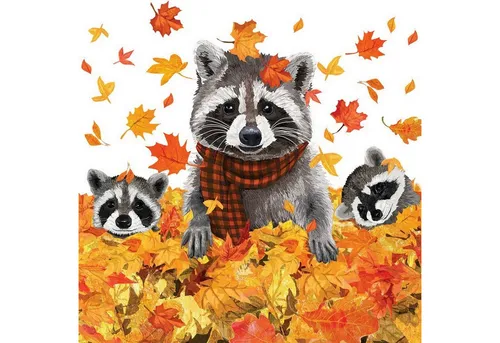 Servietten Waschbären spielen im Herbst | Tiere | Herbstlaub | Herbstblätter | Winter | Tischdeko | Decoupage | Serviettentechnik 33x33cm 20