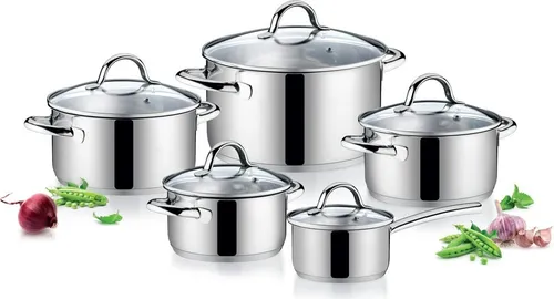 Tescoma Topfset AMBITION, 10-teilig - Hochwertiges Kochtopfset aus rostfreiem Edelstahl, mit Glasdeckeln und dreischichtigem Sandwich-Boden für optimale Wärmeverteilung. Ideal für alle Herdarten und spülmaschinenfest.