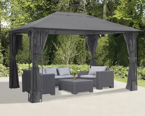 KONIFERA Pavillon Athen 300x400 cm - Pavillon in eleganter Blätter-Optik, inklusive 4 grauer Seitenteile, ideal für Gartenpartys und Schutz vor Sonne und Regen.