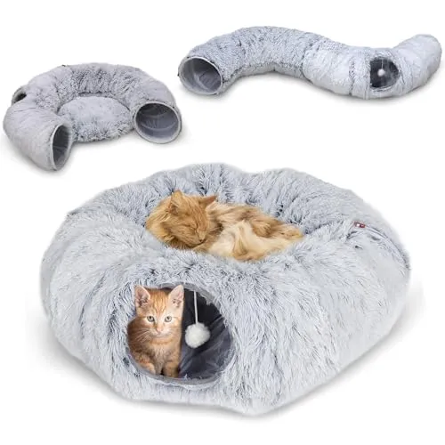 CALIYO Katzentunnel, Katzentunnel große Katzen mit Schlafplatz, Donut Katzenbett aus Plüsch, Katzen Tunnel mit Fellknäuel, Interaktives Katzenspielzeug für Indoor, Grau (85×26CM)