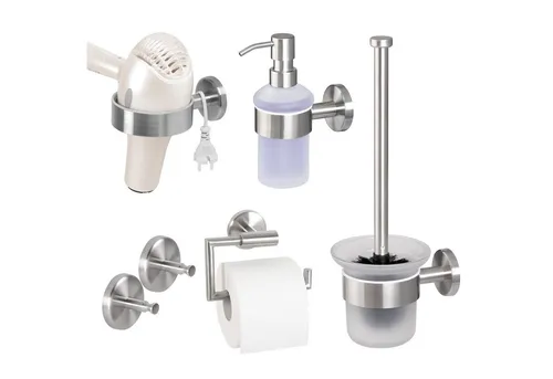 bremermann Toilettenpapierhalter Bad-Serie PIAZZA - 5tlg. Edelstahl Set - 5-teiliges Badezimmer Set aus rostfreiem Edelstahl mit mattem Finish, inklusive Toilettenpapierhalter, WC-Garnitur und Seifenspender - ideal für ein elegantes und pflegeleichtes Badezimmer.