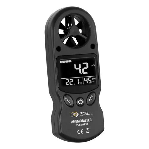 PCE AM 30 Anemometer - Windmesser bis 108 km/h, misst Windgeschwindigkeit, Temperatur und Luftfeuchtigkeit. Ideal für präzise Messungen in verschiedenen Einheiten und mit praktischen Funktionen.