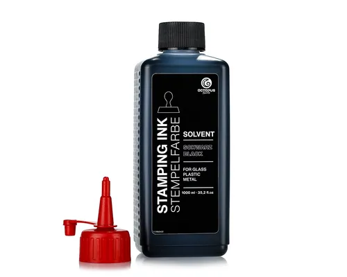 Solvent Stempelfarbe schwarz 1000 ml - Vielseitige Tinte für glatte Oberflächen - Stempelfarbe für Stempelkissen, wasserfest und schnell trocknend. Ideal für Metall, Kunststoffe und mehr - perfekt für kreative Projekte und professionelle Anwendungen.