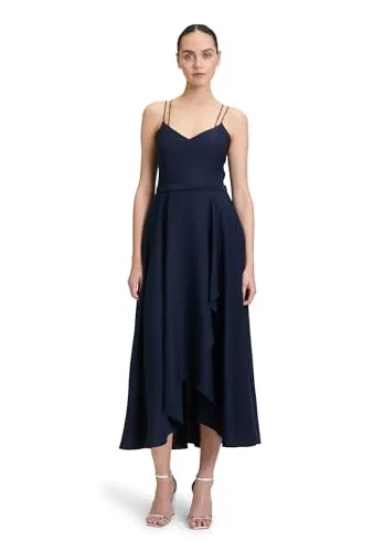Vera Mont Damen Abendkleid mit Volant - Elegantes tailliertes Abendkleid in Nachtblau mit praktischen Nahttaschen und schlichten Spaghettiträgern. Ideal für festliche Anlässe und setzt Ihre Figur stilvoll in Szene.