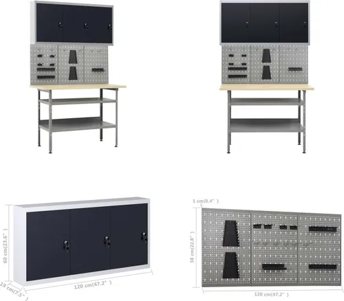 vidaXL Werkbank mit 3 Werkzeugwänden und 1 Wandschrank