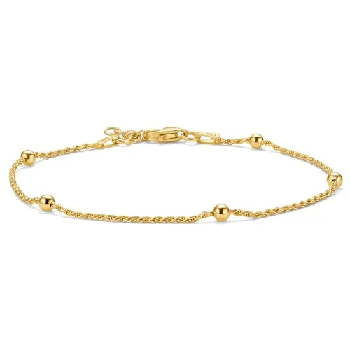 MIORE Armband Damen Silber 18 Karat Vergoldet, Kordel Armband Silber Mit Kugeln, Armkette Damen 925 Sterling Silber Vergoldet, Länge 18+2cm, Hypoallergen & Handgemacht in Italien